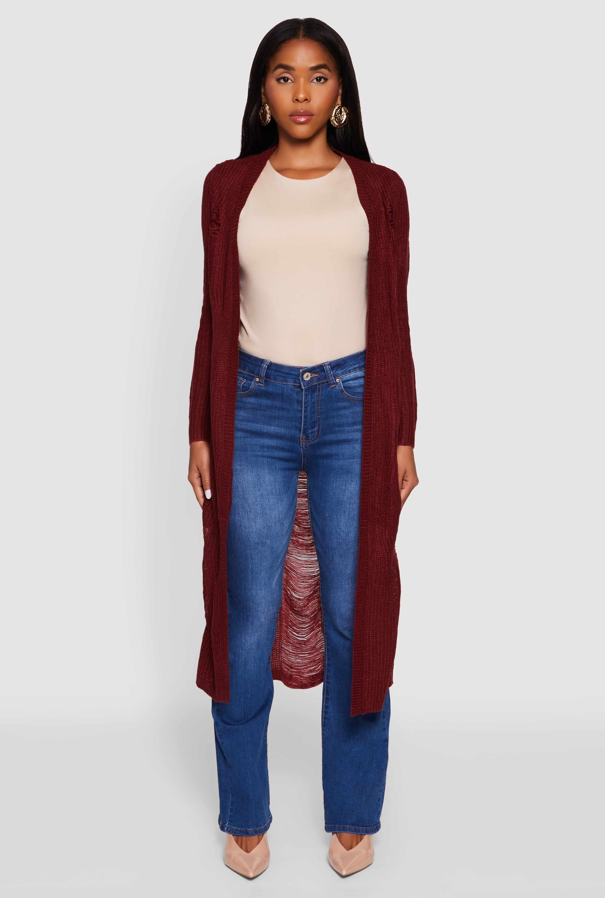 Distressed Long Sleeve Open Front Duster Cardigan