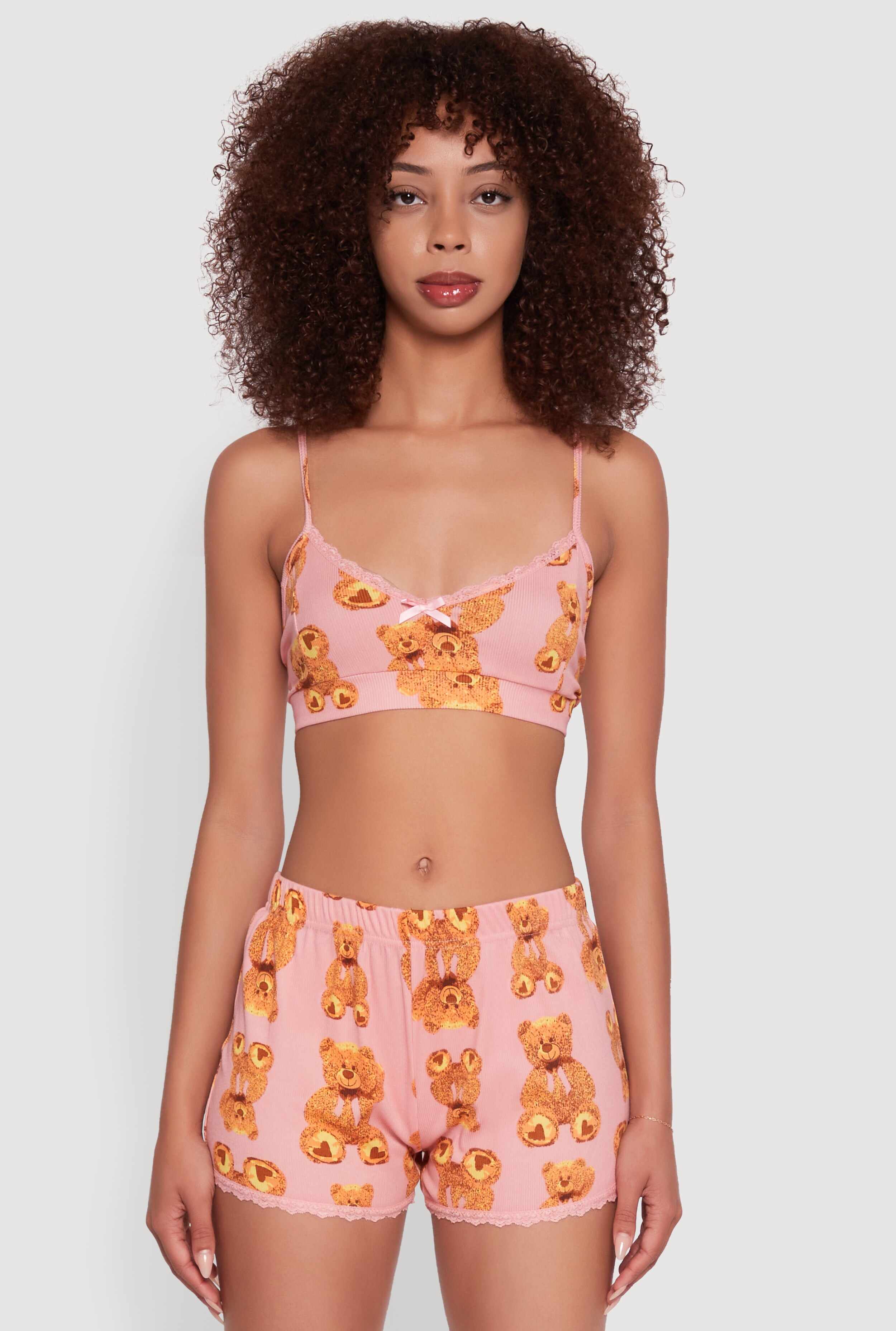 Rib Knit Teddy Bear Pajama Bralette and Shorts with Robe
