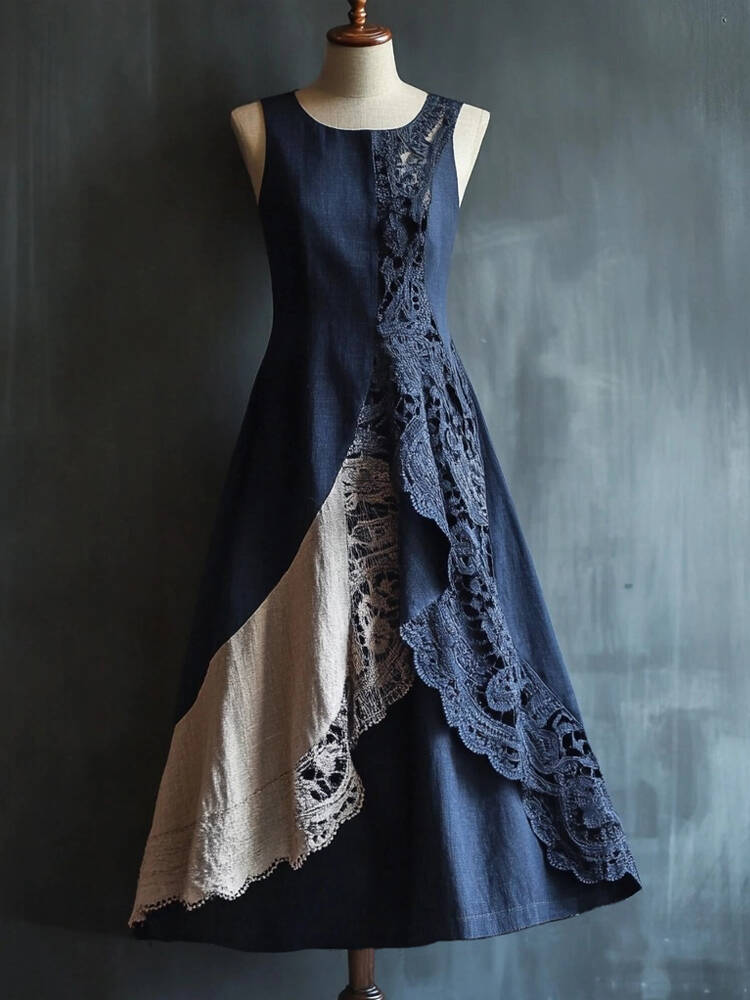 Elegant Lace Patchwork Linen Tank Maxi Dress