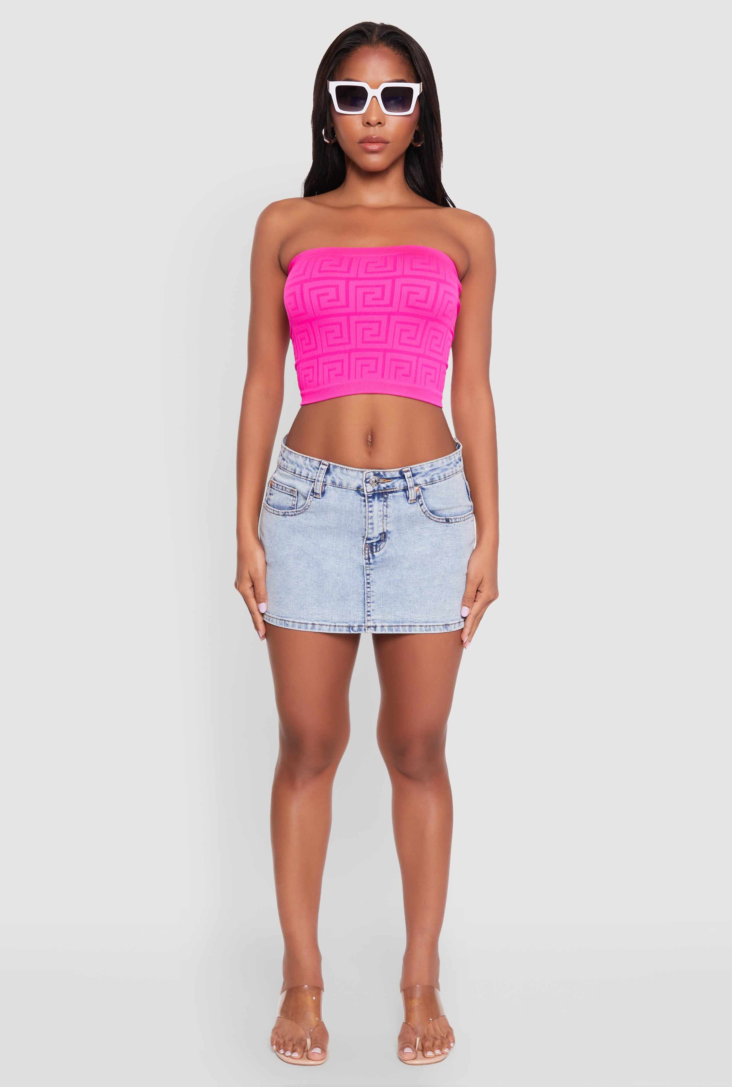 Trendy Greek Key Rib Knit Cropped Tube Top