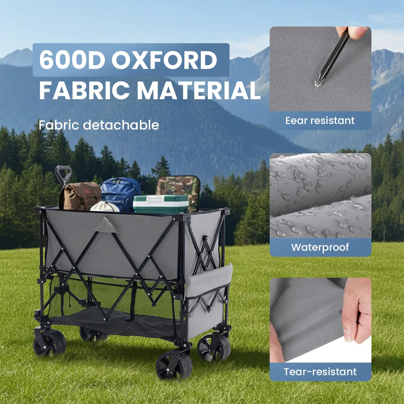 Large Capacity Folding Double Decker Wagon with Brakes, 440 lbs Wagons Carts Foldable Wagon Cart with Flexible Handle, All-Terrain Big Wheels for Grocery Sports Garden Camping