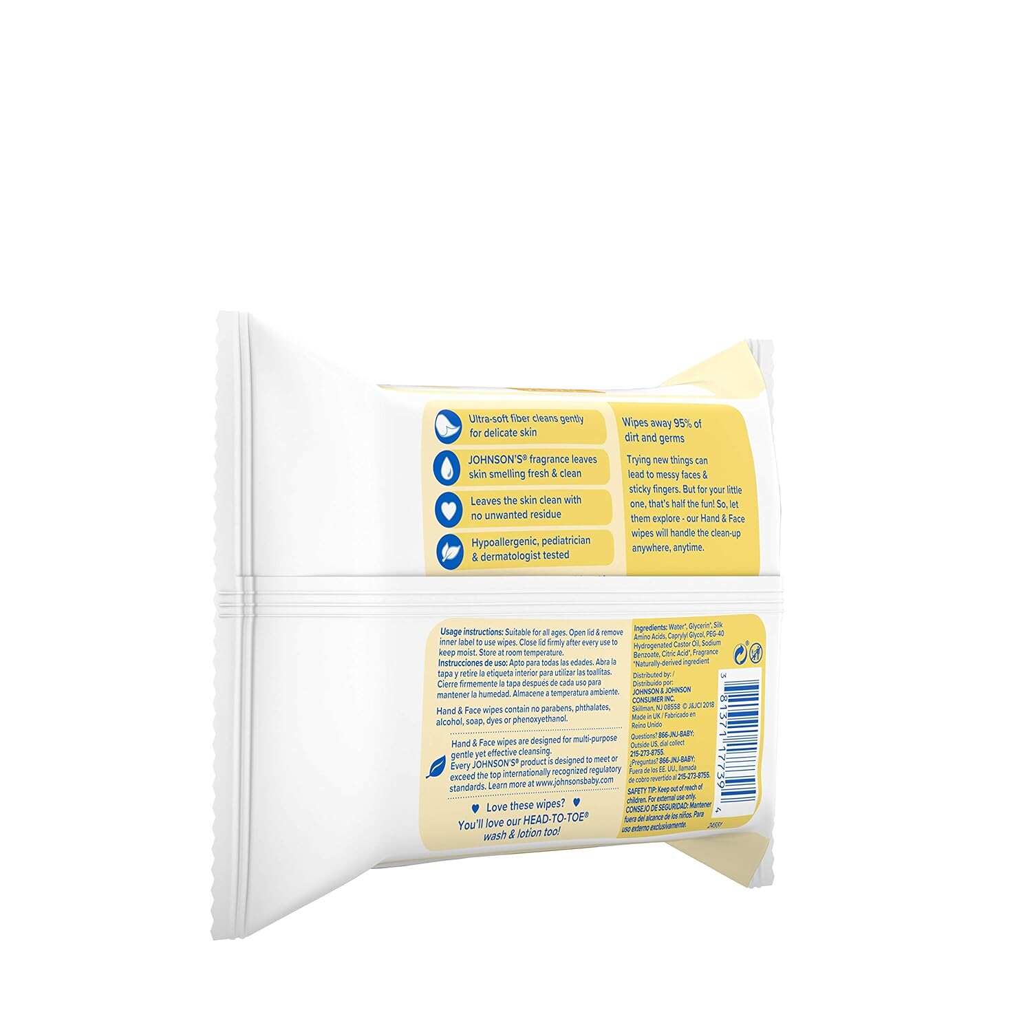 Johnson's Baby Disposable Hand & Face Cleansing Wipes, Pre-Moistened Wipes Gently Remove 99% of Germs & Dirt from Delicate Skin, Paraben-, Phthalate- & Alcohol-Free, Hypoallergenic, 25 ct