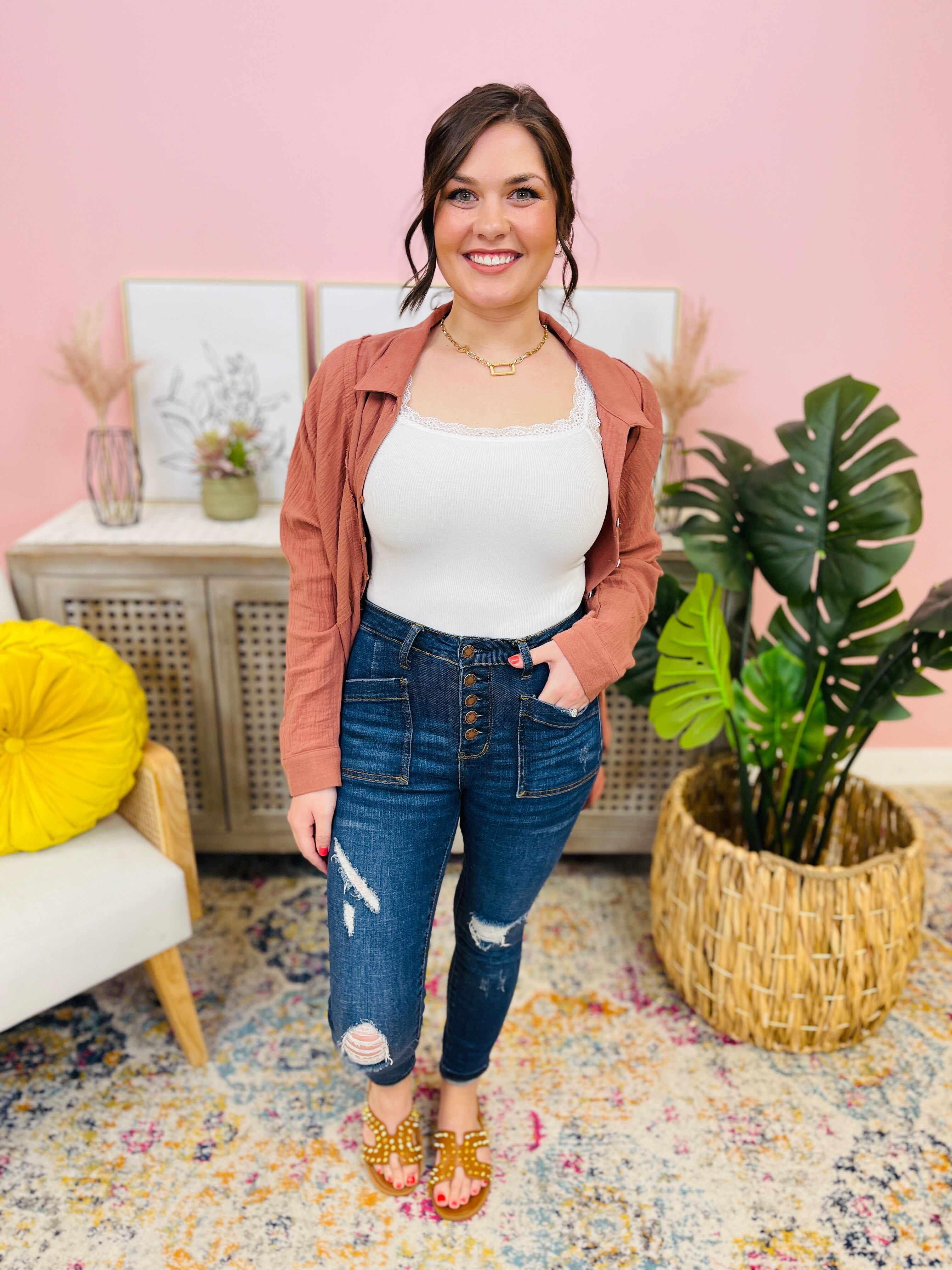 RESTOCK! Plus/Reg My Goodies Button Fly Patch Pocket Skinny Jean