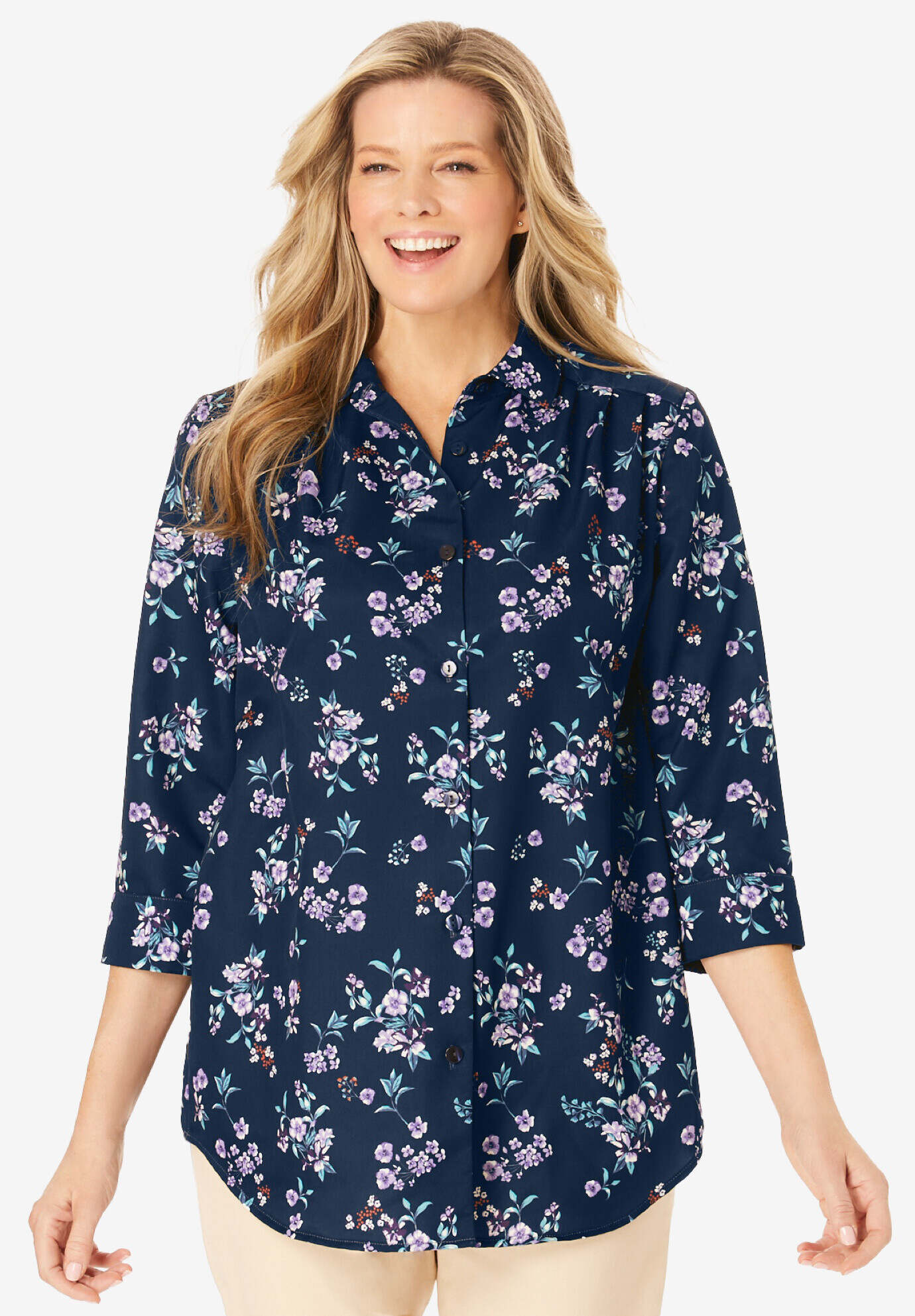 Three-Quarter Sleeve Peachskin Button Front Shirt