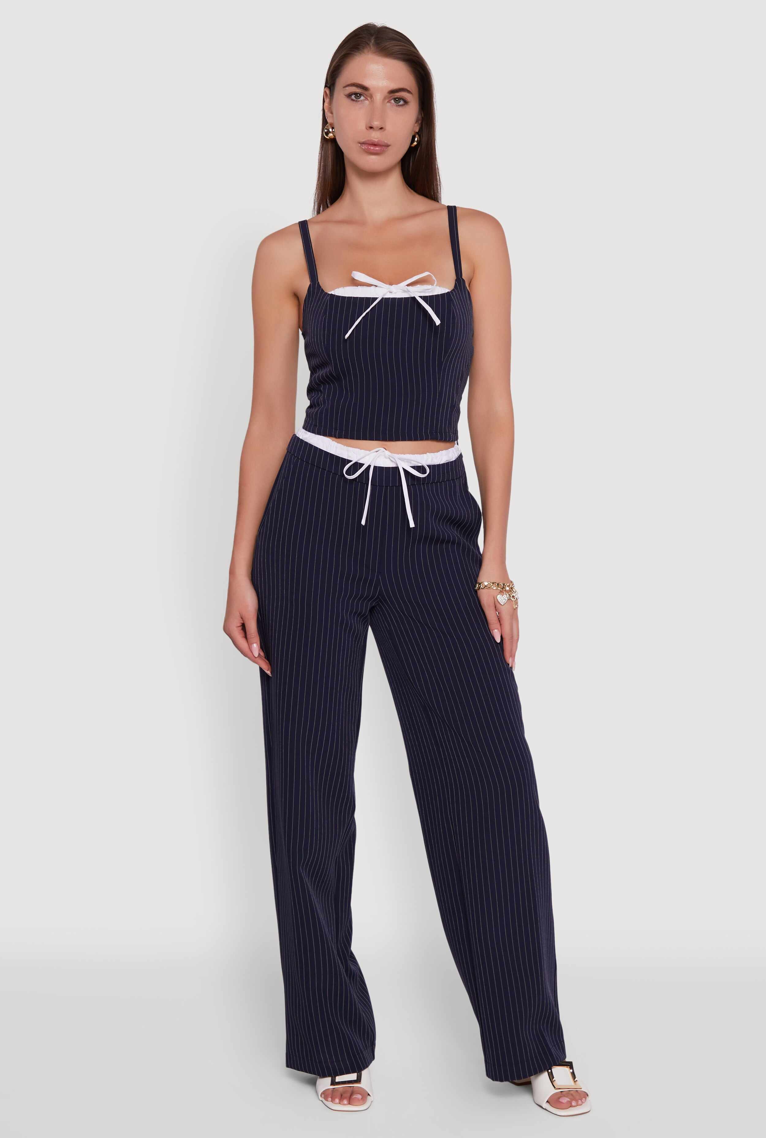 Iris Pinstripe Crop Top with Tie Front and Lace-Up Detail