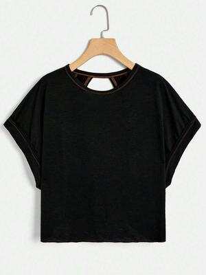 Women's Plain Cut Out Asymmetrical Hem Batwing Sleeve Tee, Elegant Casual Short Sleeve Round Neck T-Shirt for Summer, Ladies Clothes for Daily Wear