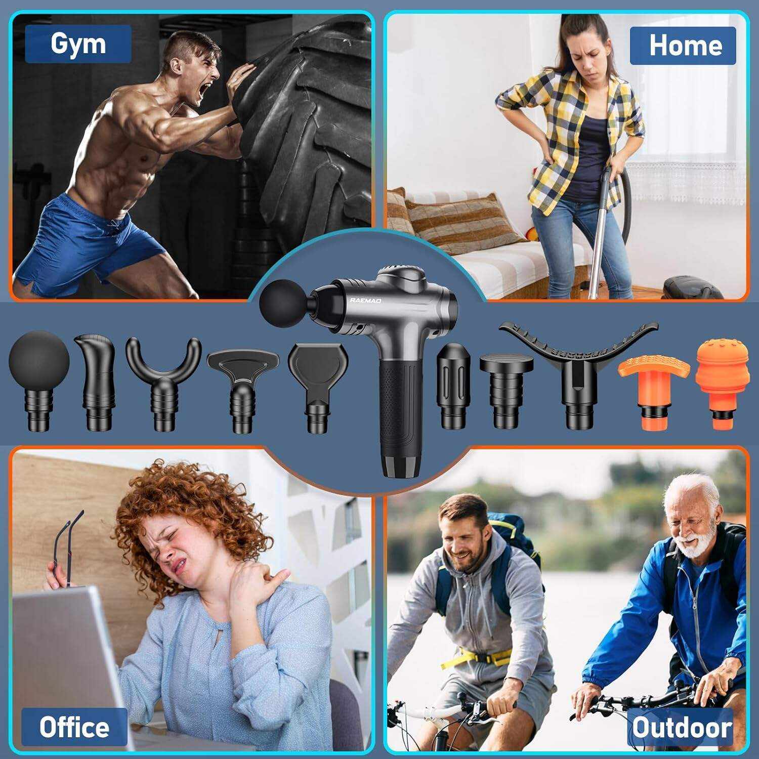 RAEMAO Massage Gun Deep Tissue, Back Massage Gun for Athletes for Pain Relief Attaching 8 PCS Specialized Replacement Heads, Percussion Massager with 10 Speeds & LED Screen, Carbon