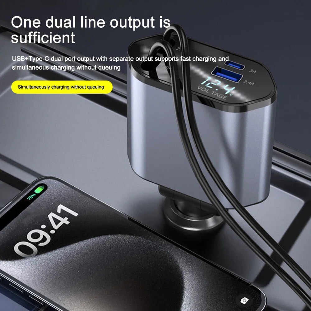 120W Fast Car Charger - 4-Device USB-C & Lightning with Retractable Cables