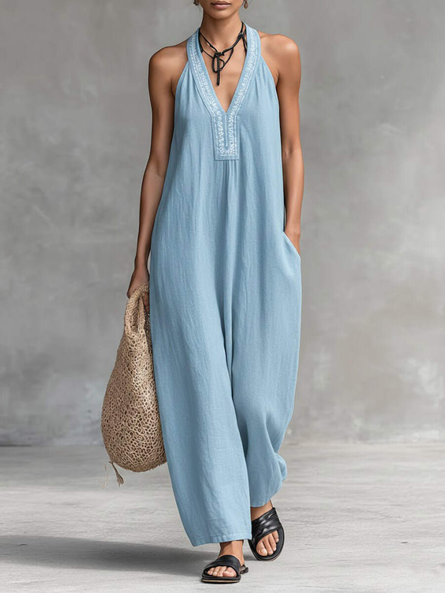 🔥Summer Arrivals🌟Women's Solid Color V-Neck Halter Neck Sleeveless Casual Loose Cotton Linen Wide-Leg Jumpsuit
