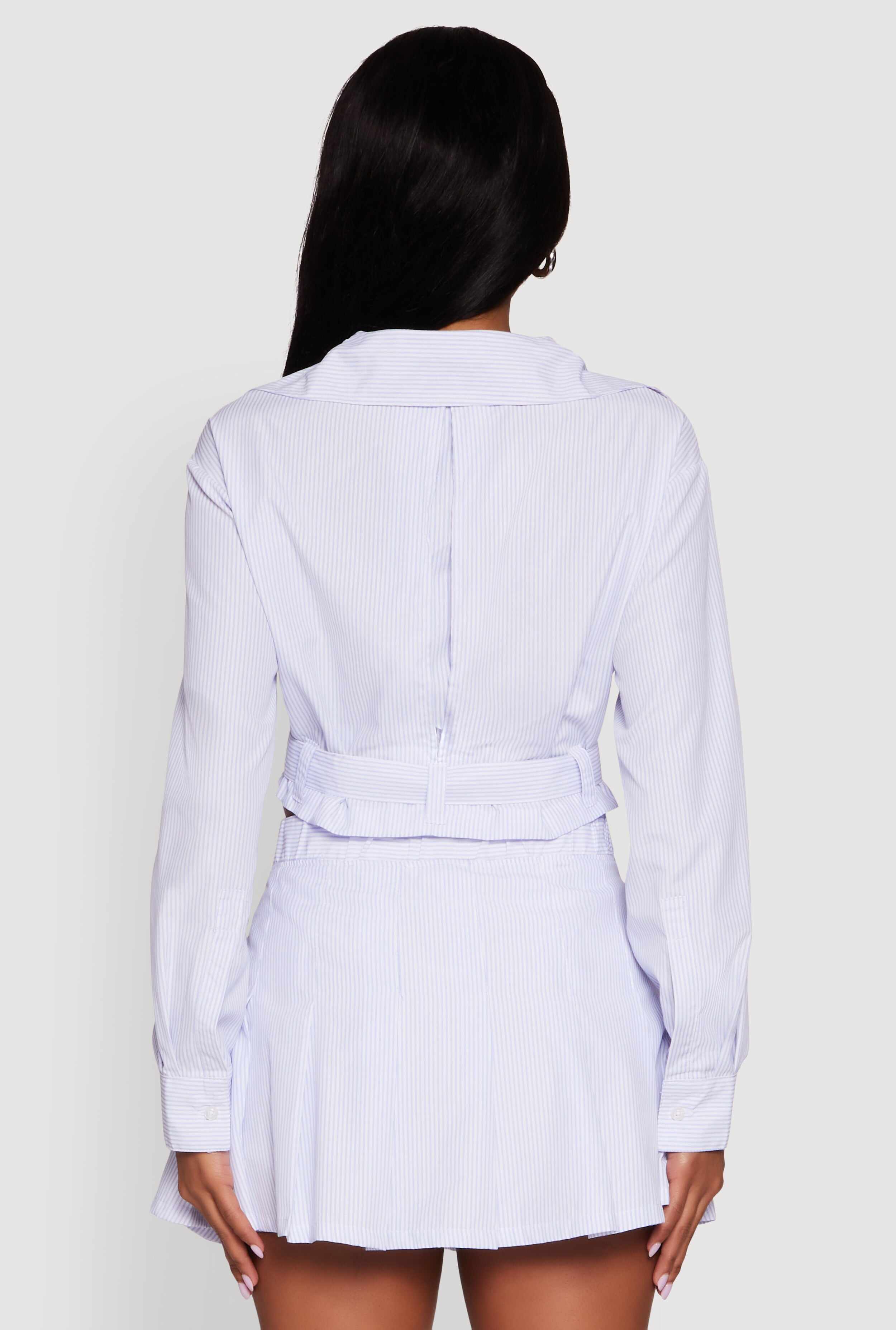 Striped Cropped Button Front Shirt with Belt