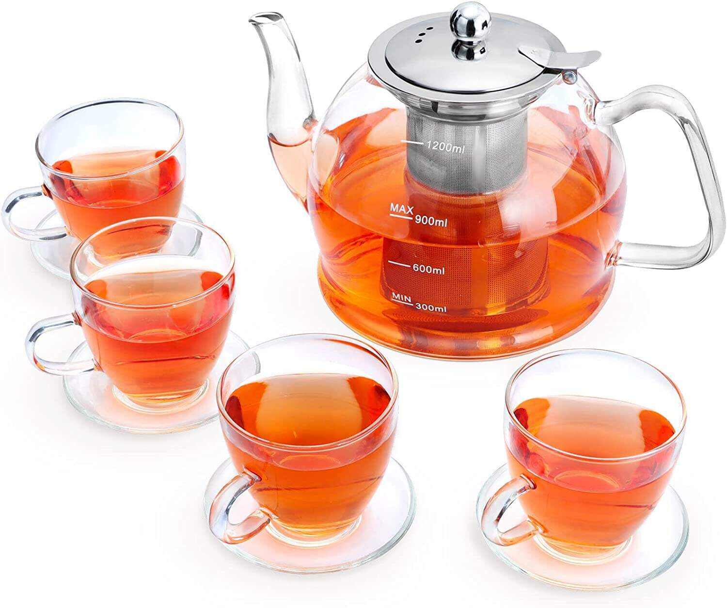 MINO ANT Tea Set ̈C 1200ml Glass Teapot with Removable Stainless Steel Infuser, and 4 Glass Teacups, Stovetop Safe Tea Kettle Gift Set, Blooming and Loose Leaf Tea Maker Set