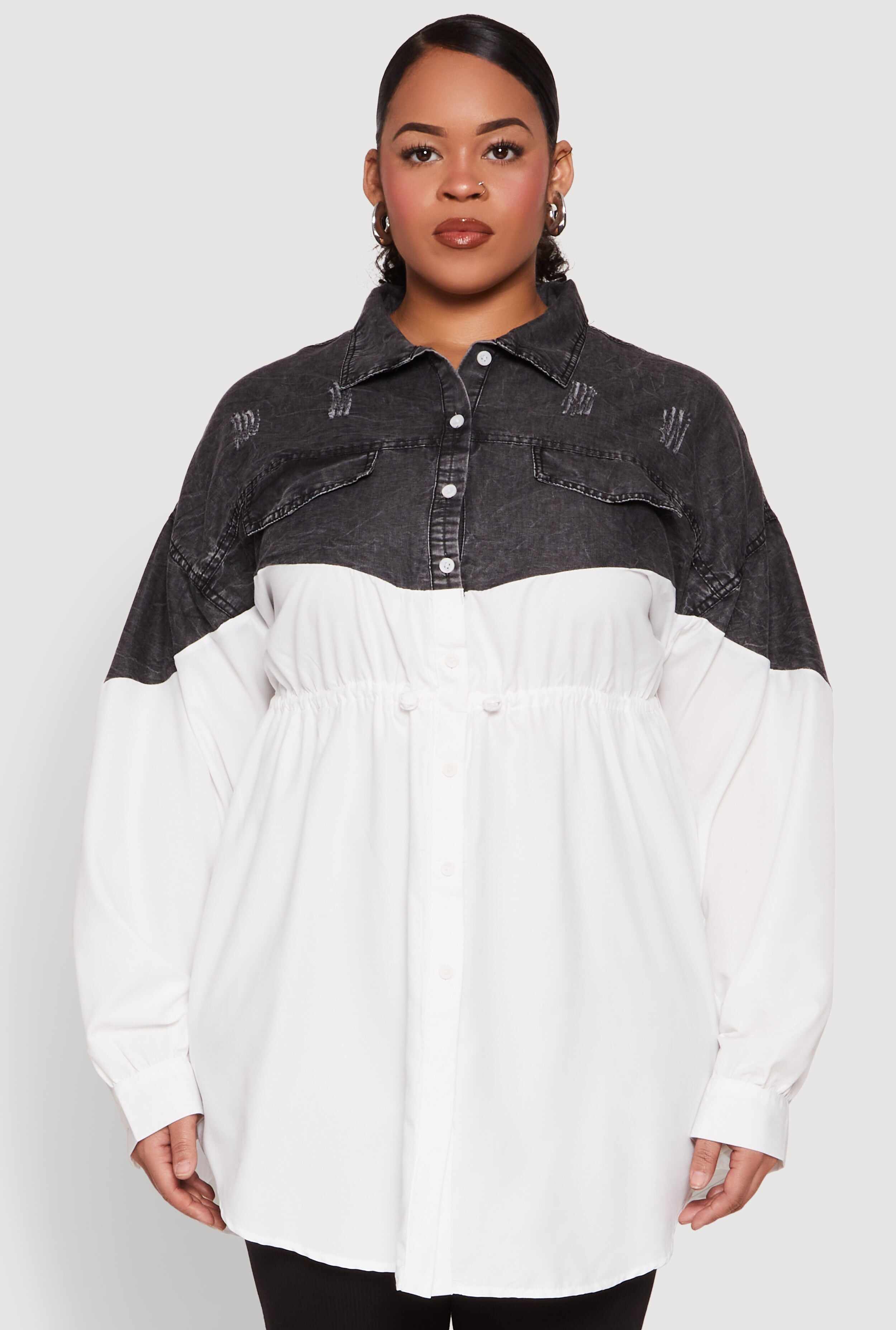 Plus Size Denim Detail Distressed Tunic Shirt