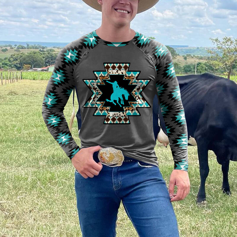 Tribal Riding Stitching Western Print Long Sleeve T-Shirt