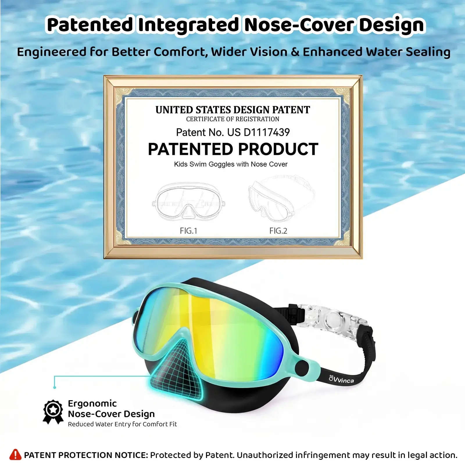 Swim Goggles 2 Pcs with Nose Cover for Ages 3-12+ Kids,Youth,UV Protection Anti-Fog Wide View Anti-Shattered Lens for Boys and Girls - Safety anti-uv swim glass anti-fog swimming goggles for Outdoor, Lake,Beach, Summer Party