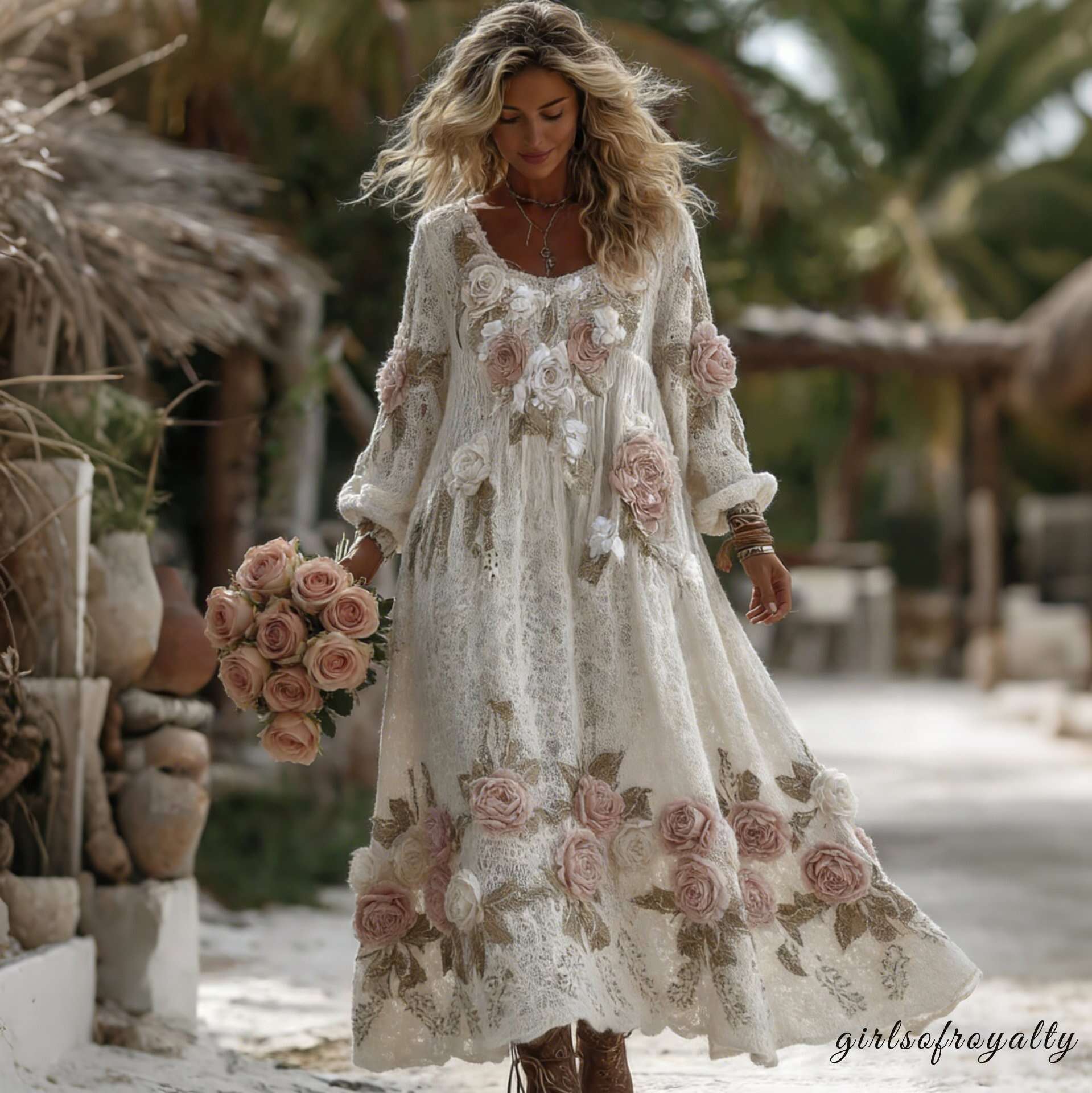 Women's Vintage Romantic White Rose Embroidery Art Comfy Knitted Maxi Dress