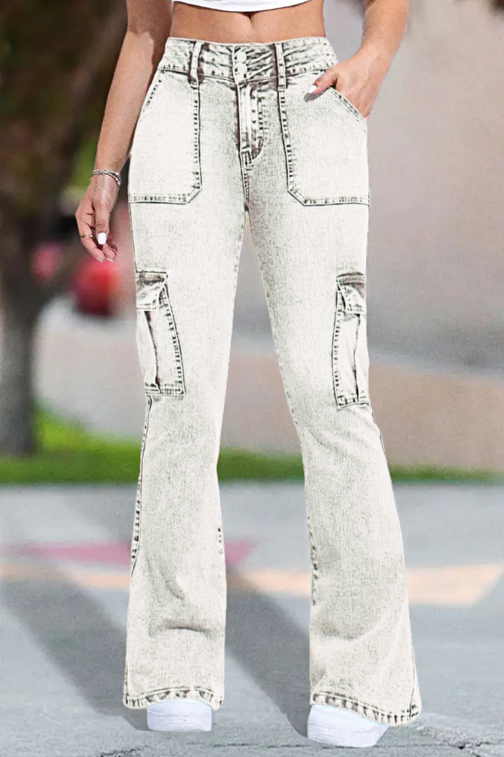 Multi Pocket Double Button Mid Rise Flare Cargo Jeans