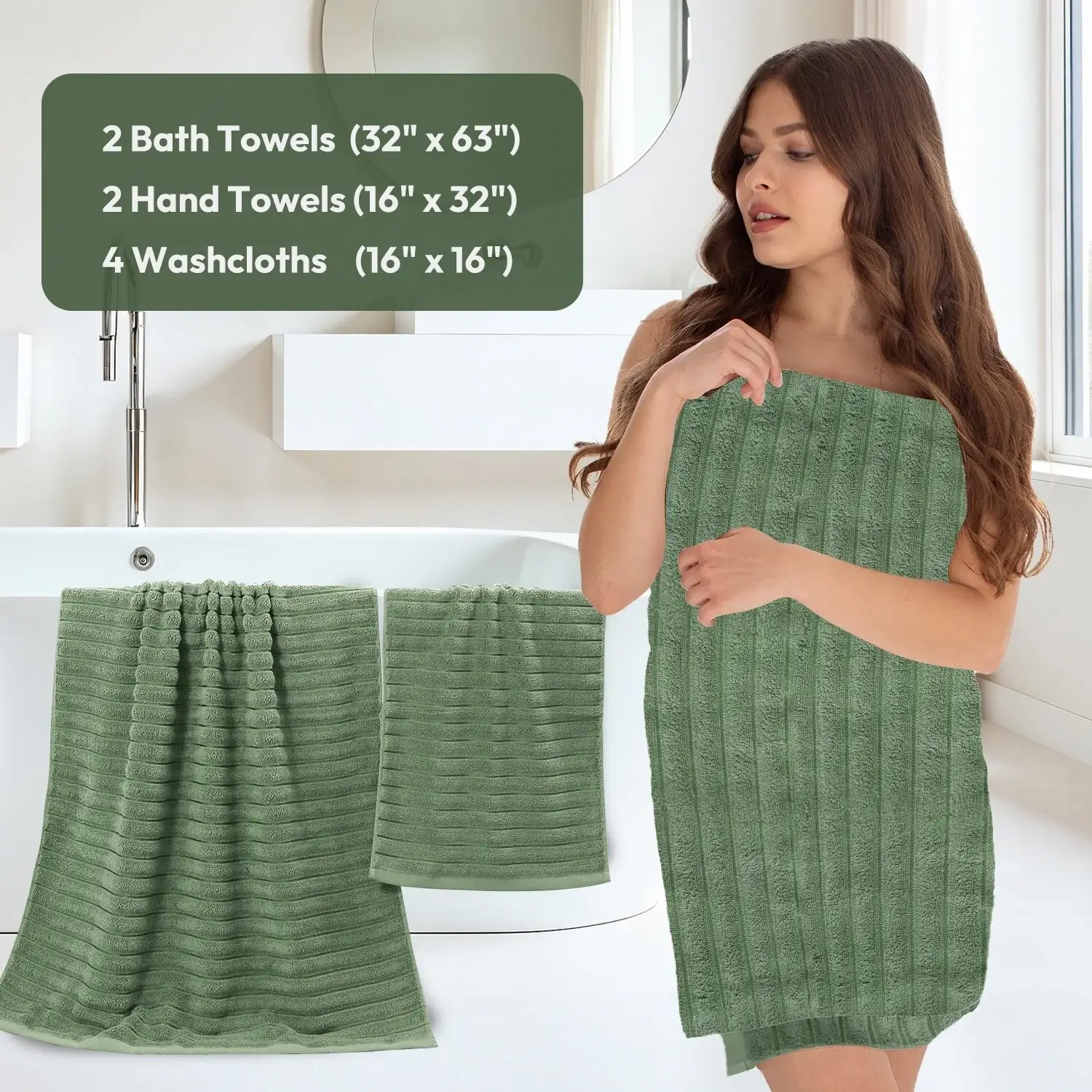 8 Piece Oversized Bath Towel Set, 100% Cotton Bath Towels, Highly Absorbant Bordered Towels