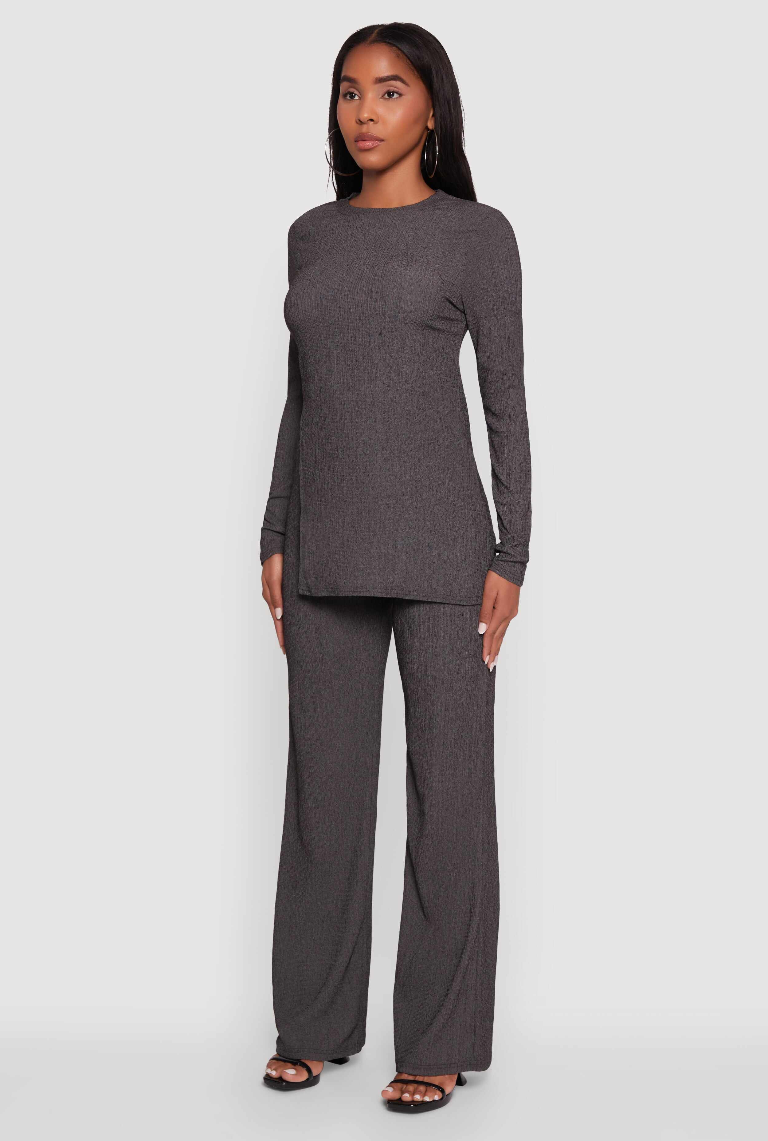 Seersucker Crew Neck Side Slit Long Sleeve Top