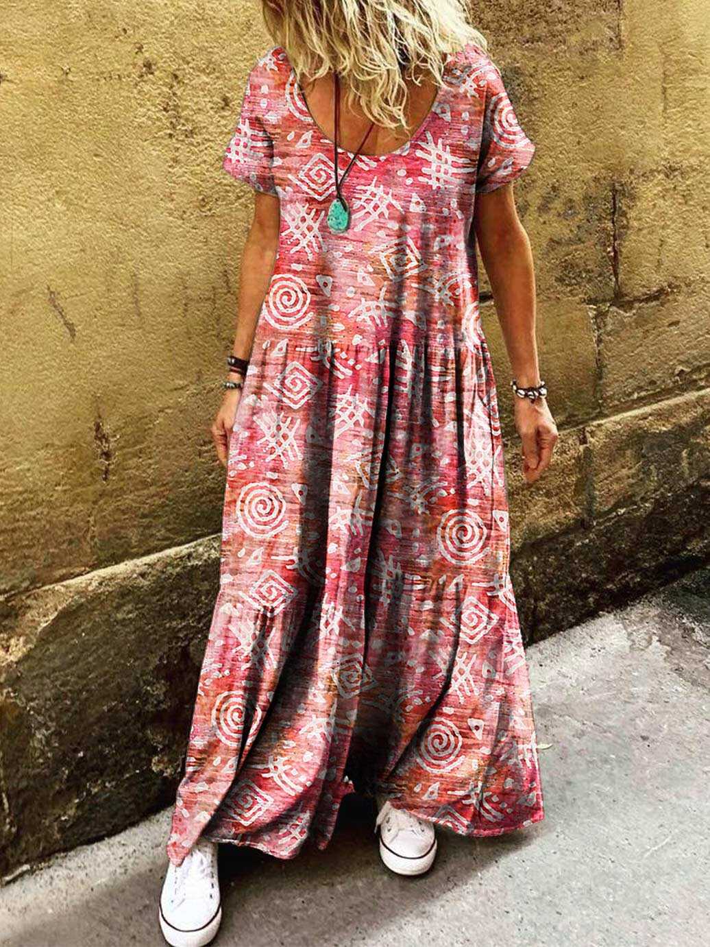 Women's Ethnic Tribal Art Painting Printed Round Neck Short Sleeve Dress