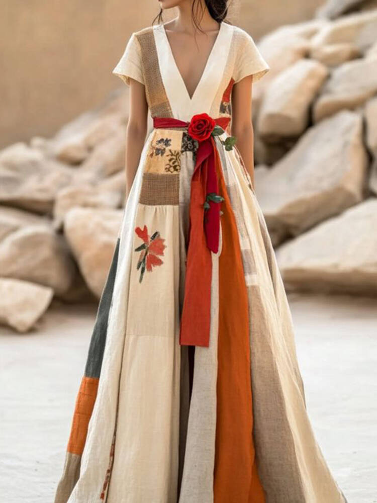 Women's Vintage Floral Art Cotton Linen Maxi Dress