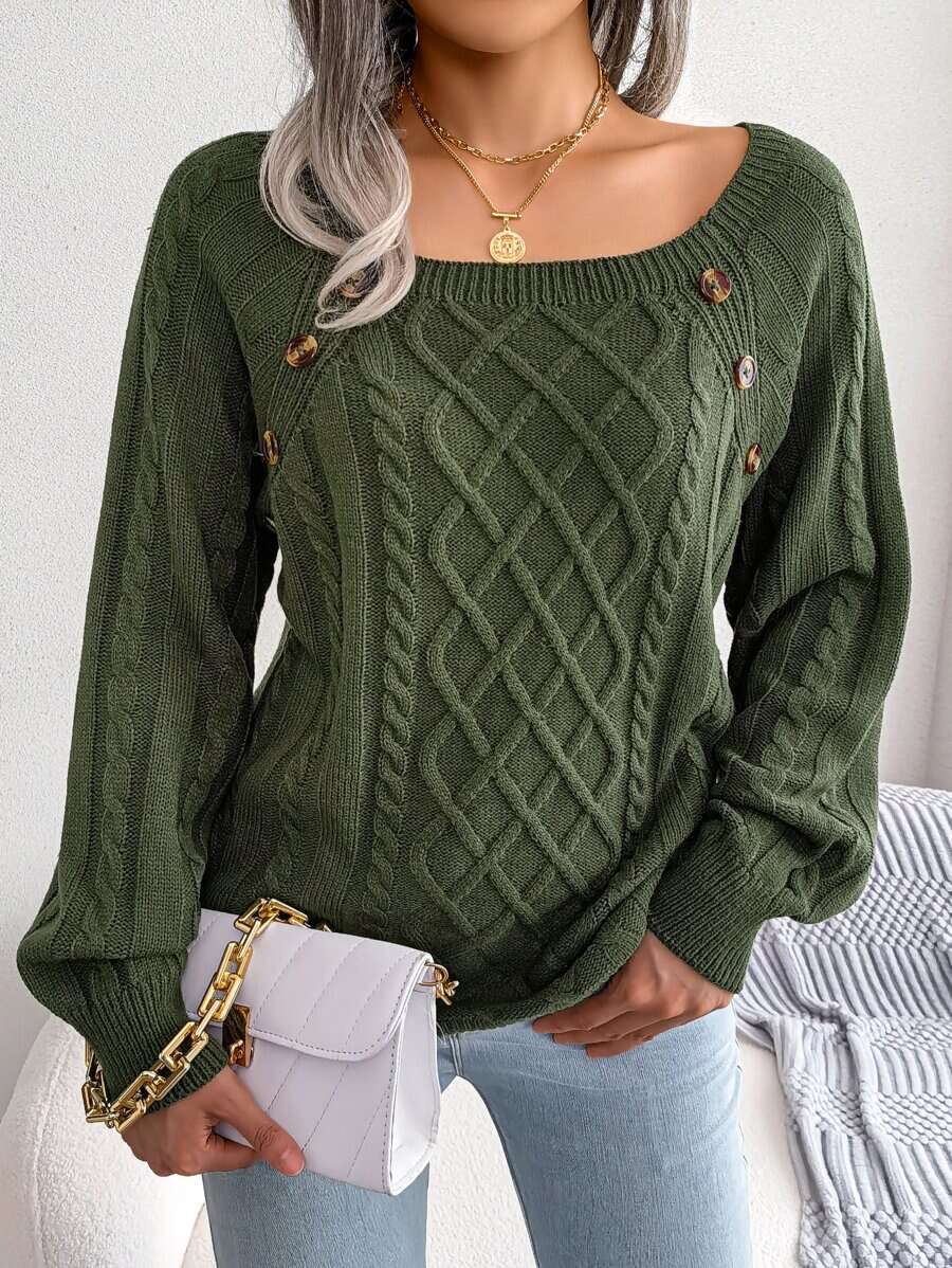 Cable Knit Button Detail Raglan Sleeve Sweater