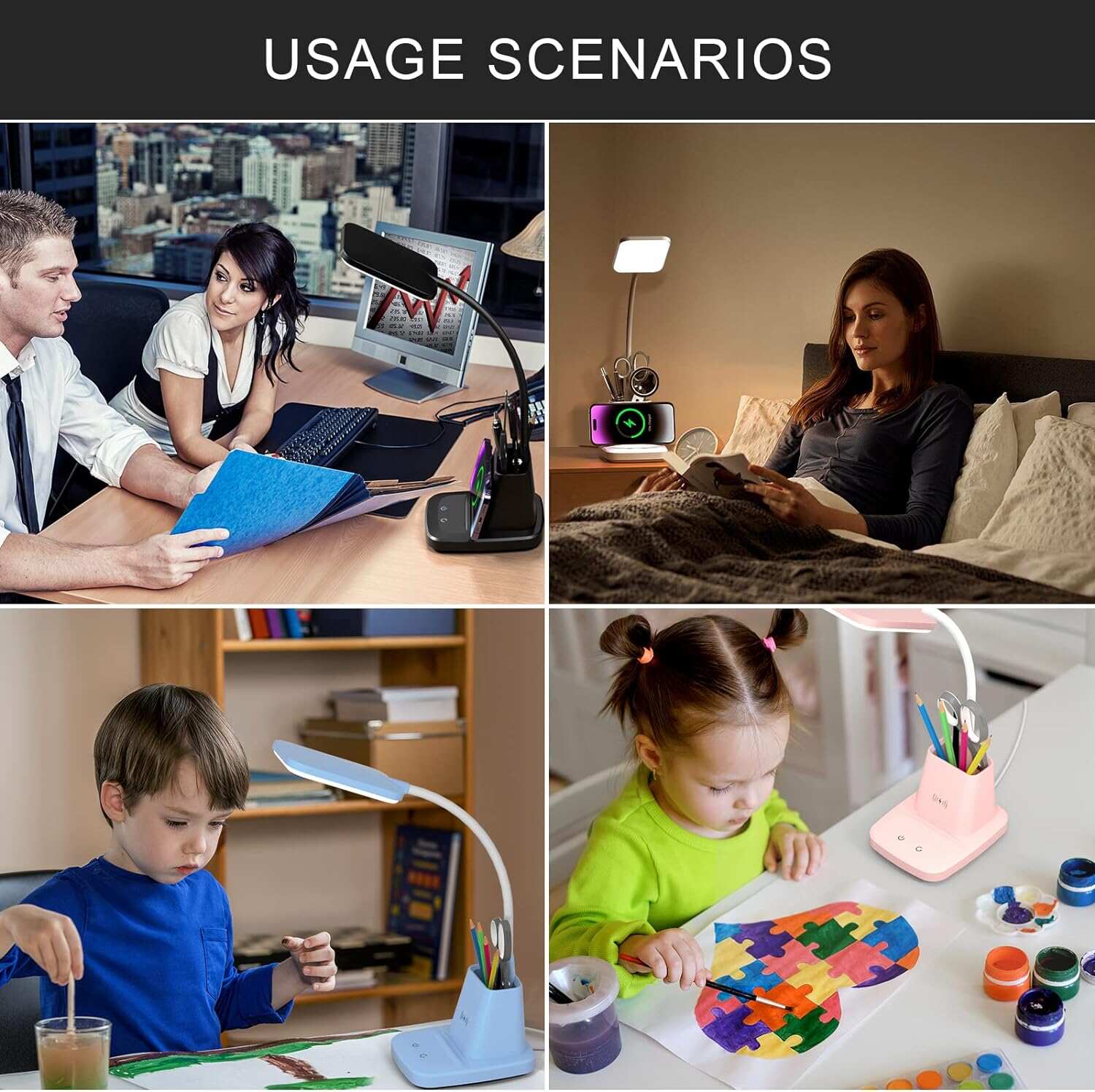 Desk Lamp with Wireless Charger, LED Desk Lamps for Home Office, 800 Lumens, Small Desk Lamp with Pen Holder, Flexible Arm, 3 Modes, Dimming, Touch Lamp for College Dorm Room