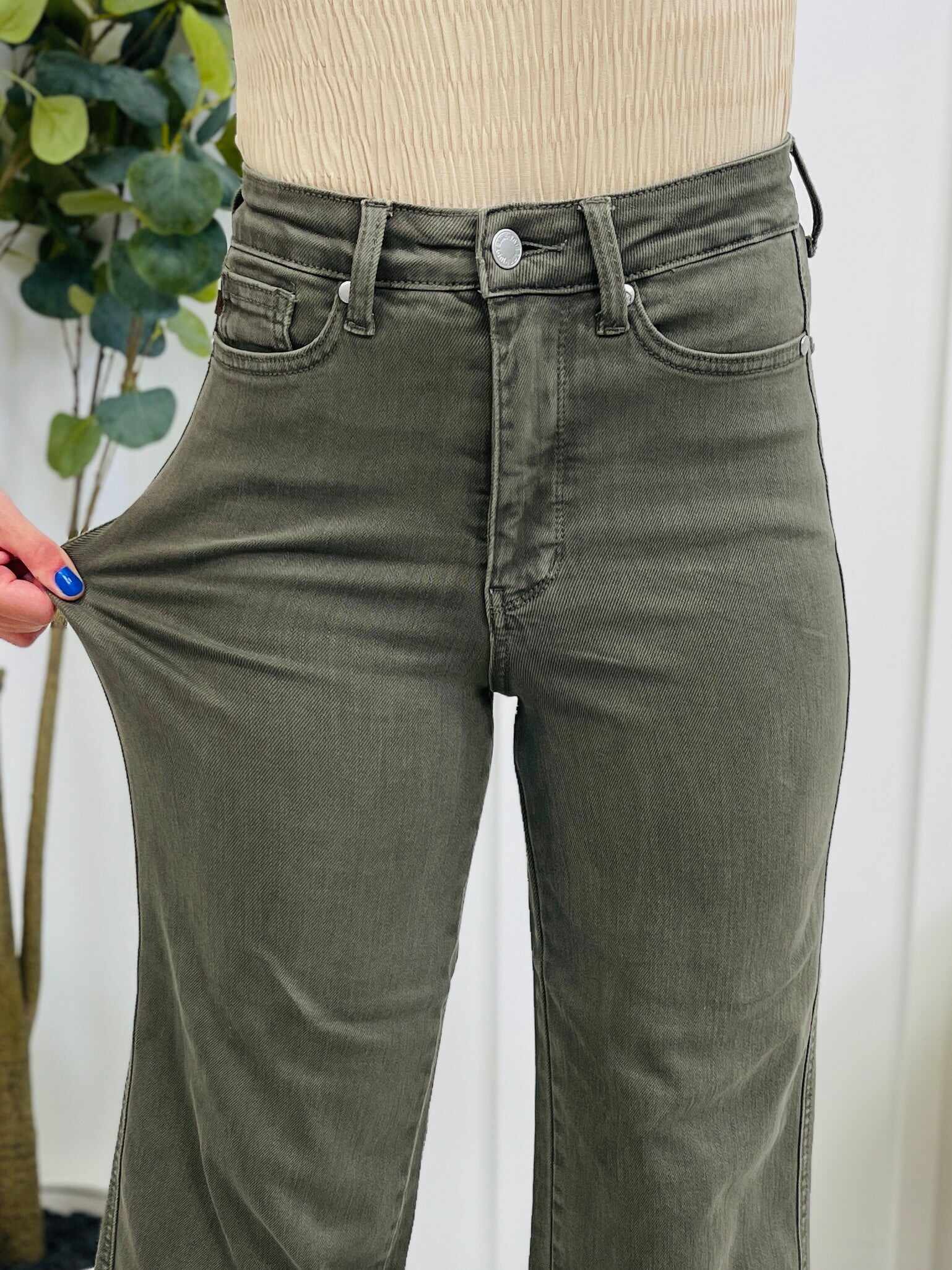 REG/CURVY Olive You Tummy Control Garment Dyed Wide Leg Cropped Jeans