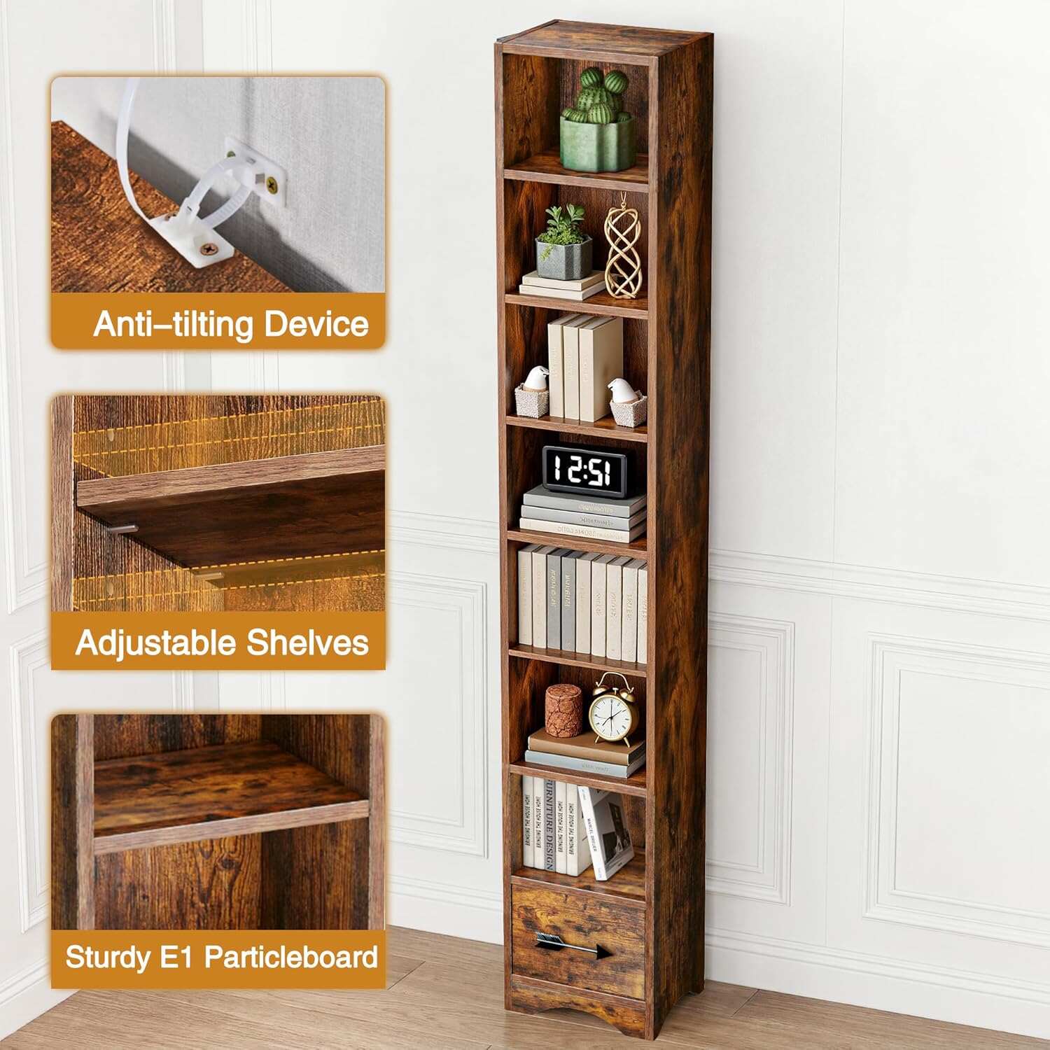 VECELO 8-Tier Tall Narrow Bookshelf