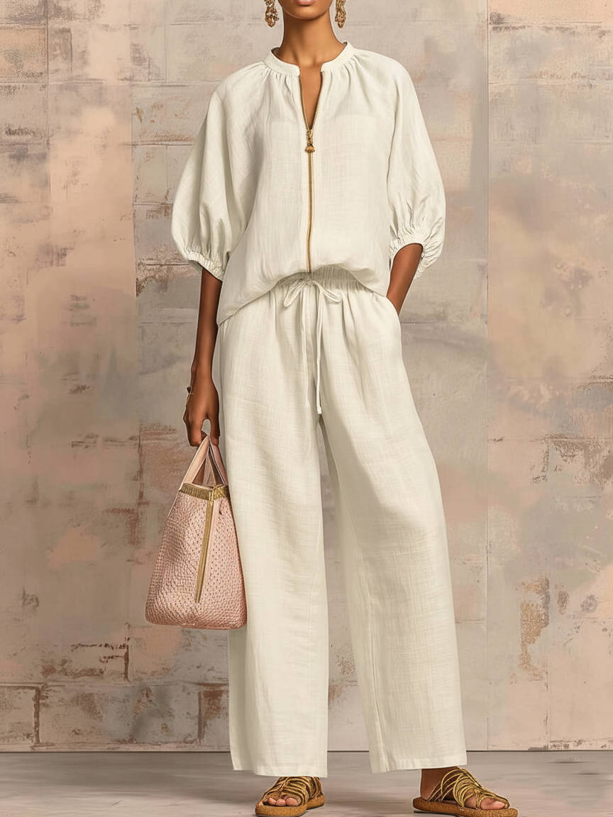 🔥Summer Arrivals🌟Stylish Cozy Shirt And Wide-leg Pants Linen Cotton Two-piece Set