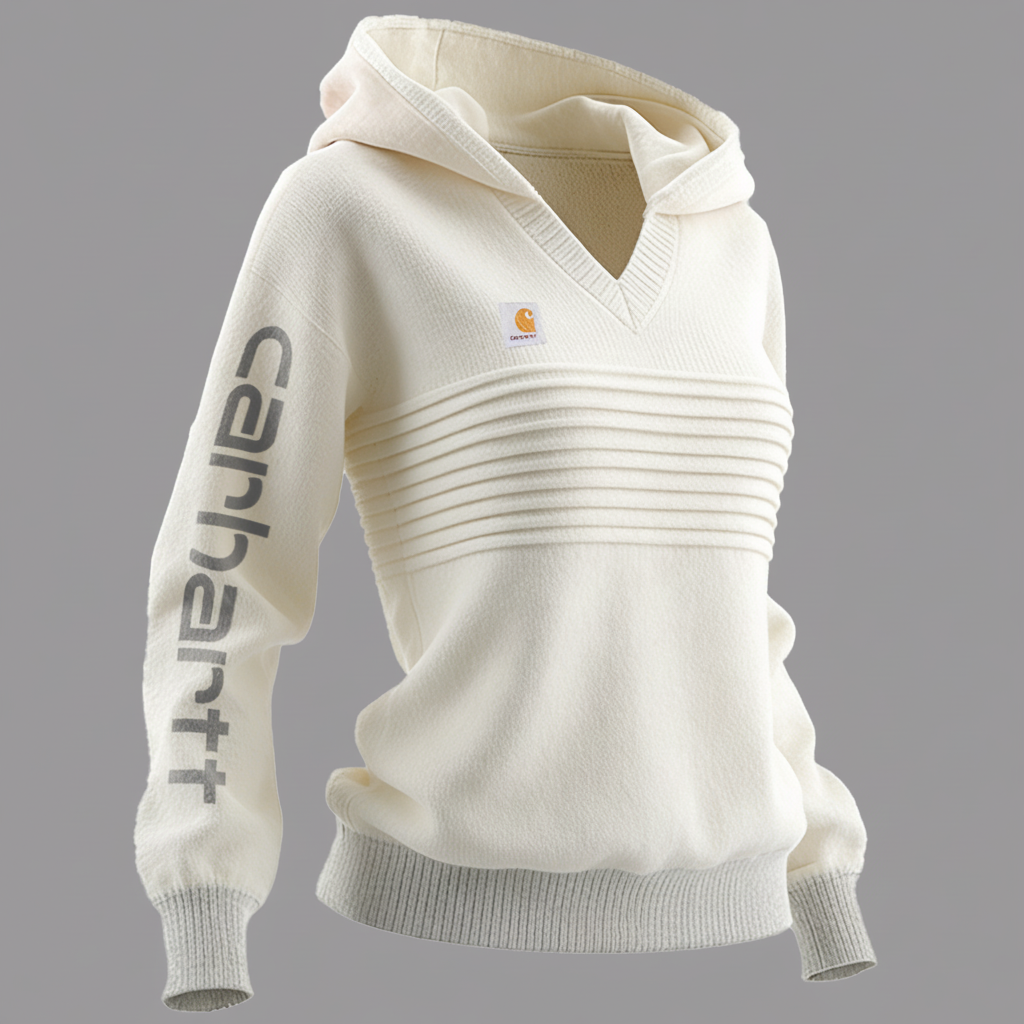 Western-style Beige Hooded Knit Sweater Women's V-neck Textured Pullover