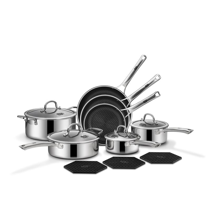 10-Pcs / 14-Pcs Hybrid Cookware Set – Nonstick Stainless Steel Pots and Pans Set, Induction Ready Frying Pans, Saucepans, Saute Pan & Stock Pot, PFOA Free