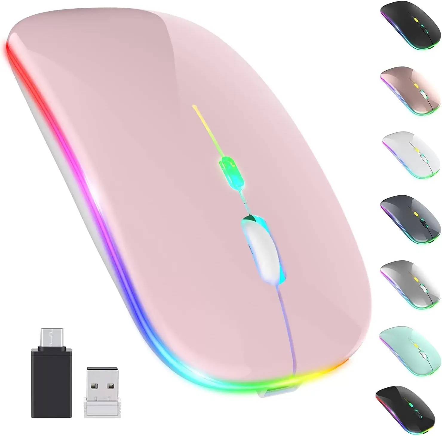 [Upgrade] LED Wireless Mouse, Slim Silent Mouse 2.4G Portable Mobile Optical Office Mouse with USB & Type-c Receiver, 3 Adjustable DPI Levels for Notebook, PC, Laptop, Computer, MacBook (Pink)
