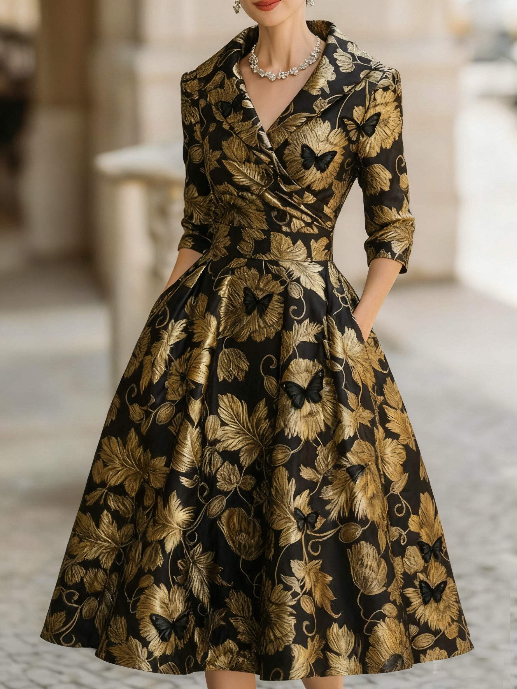 Vintage floral jacquard mid-length dress