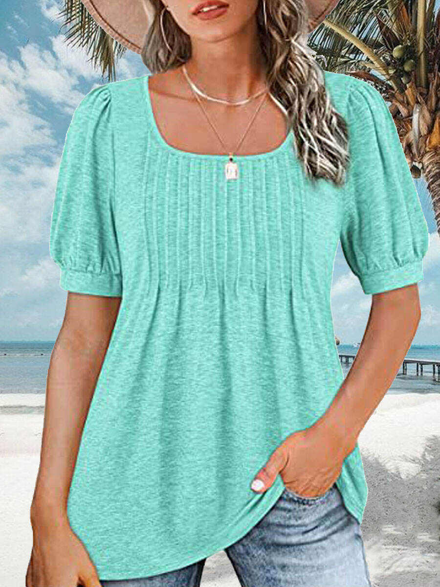 Square Neck Casual Loose Solid Color Short Sleeve T-Shirt