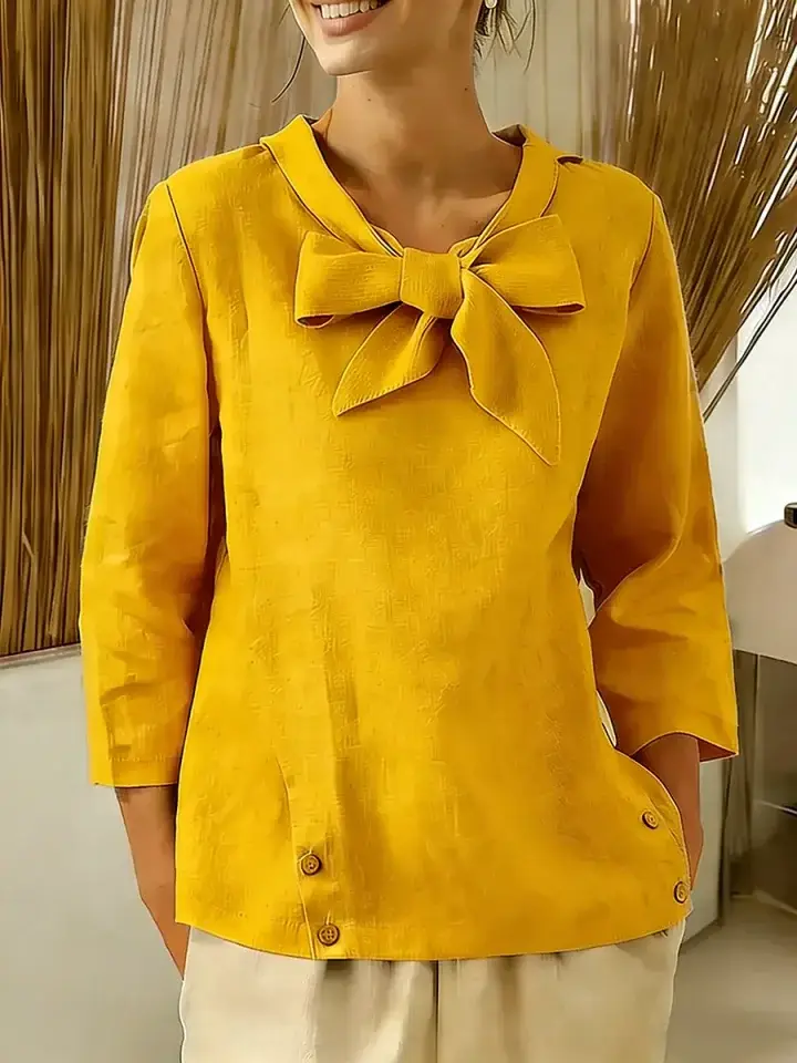 🔥Summer Arrivals🌟Women's Solid Color V-neck Bow Tie Three-quarter Sleeve Casual Loose Cotton Linen Top