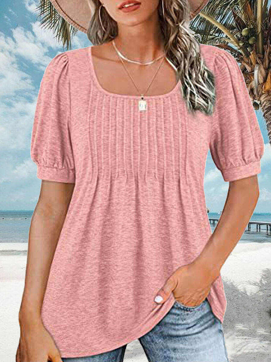 Square Neck Casual Loose Solid Color Short Sleeve T-Shirt