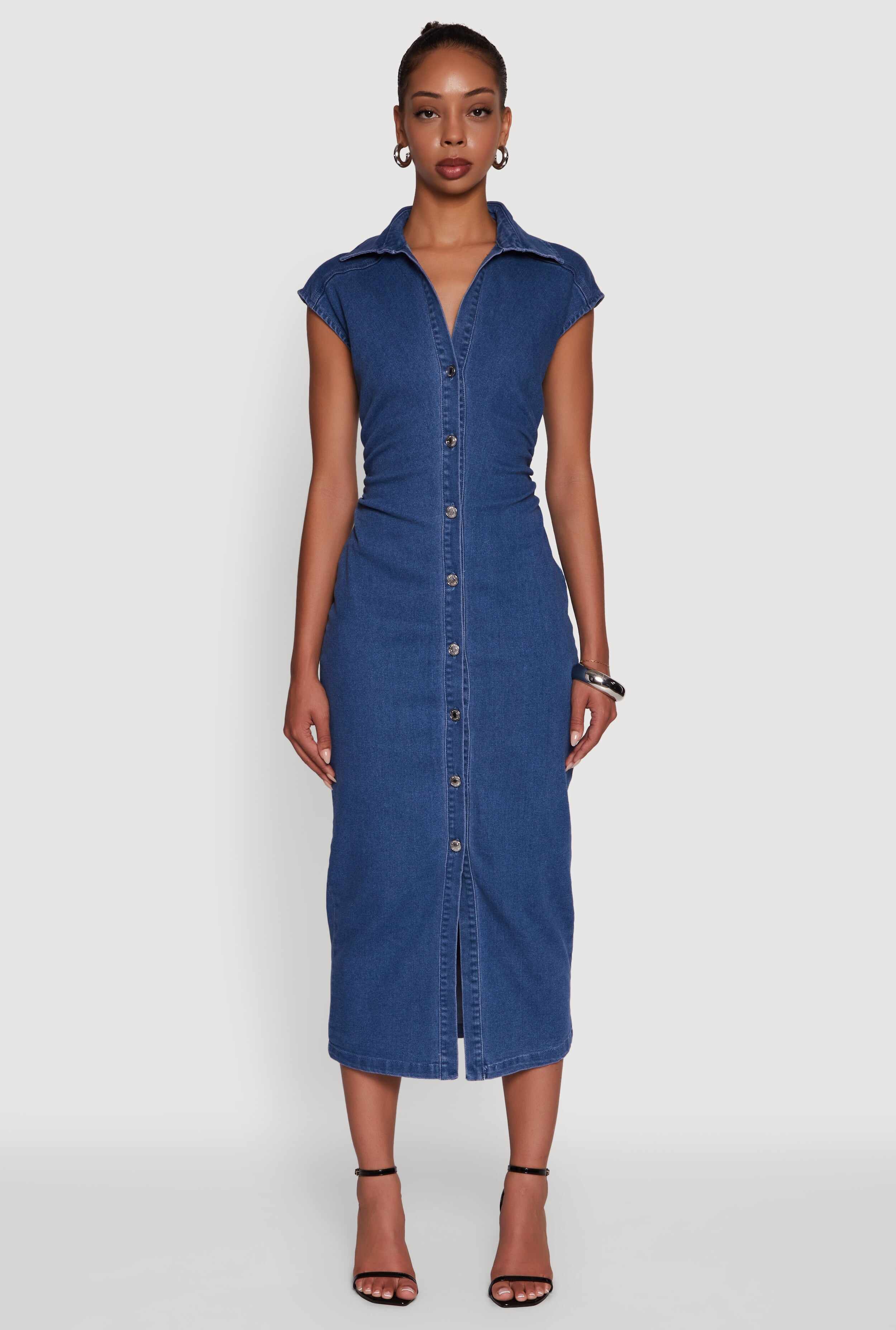 Haute Monde Button Front Cap Sleeve Denim Dress