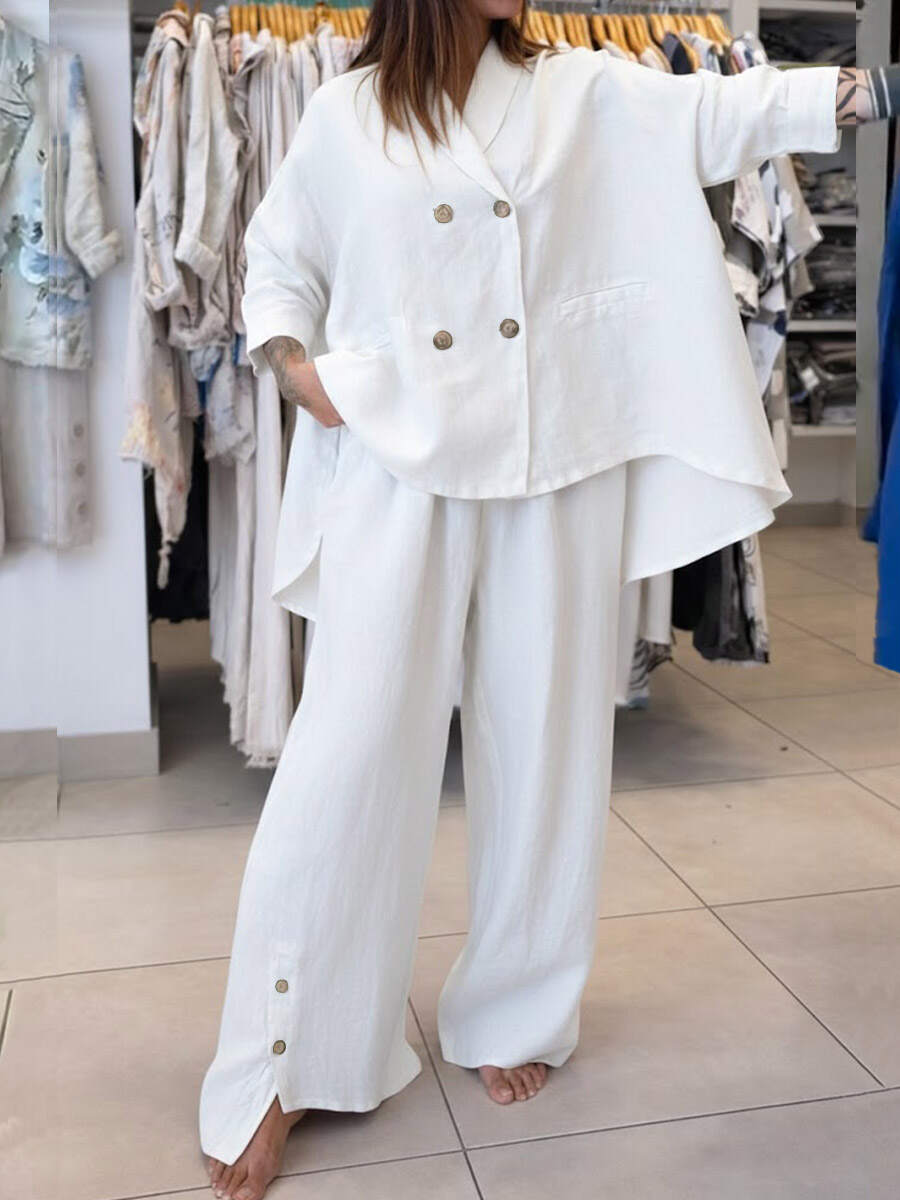 🔥Summer Arrivals🌟Women's Solid Color Lapel Long-sleeved Casual Loose Cotton And Linen Top And High-waisted Casual Loose Wide-leg Cotton And Linen Pants Set.