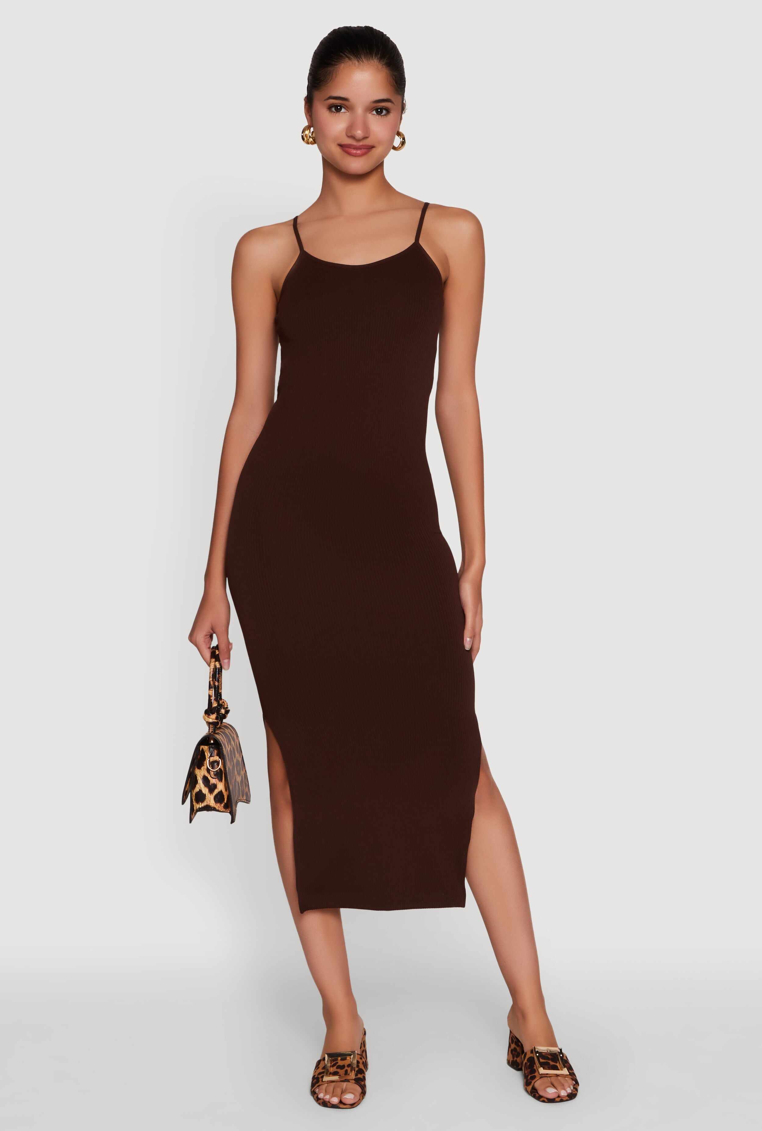 Trendy Ribbed Knit Side Slit Midi Dress