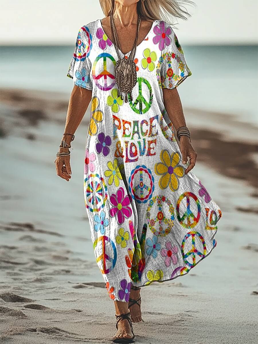 Women's Hippie Peace Love Flower Art Print Short Sleeve Pocket Cotton Linen Dress