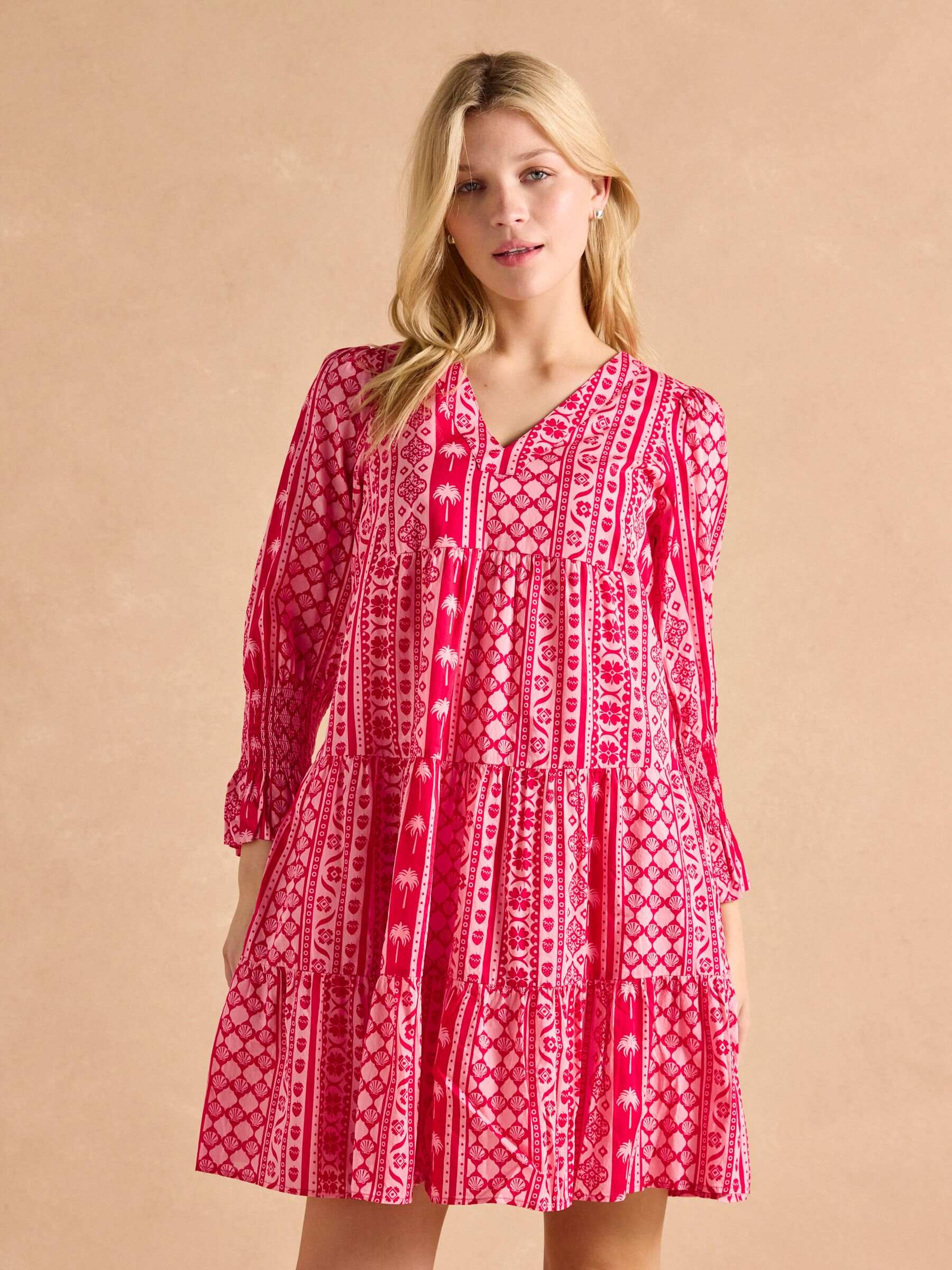 Alessia Pink Cotton V-Neck 3/4 Length Sleeve Tiered Dress