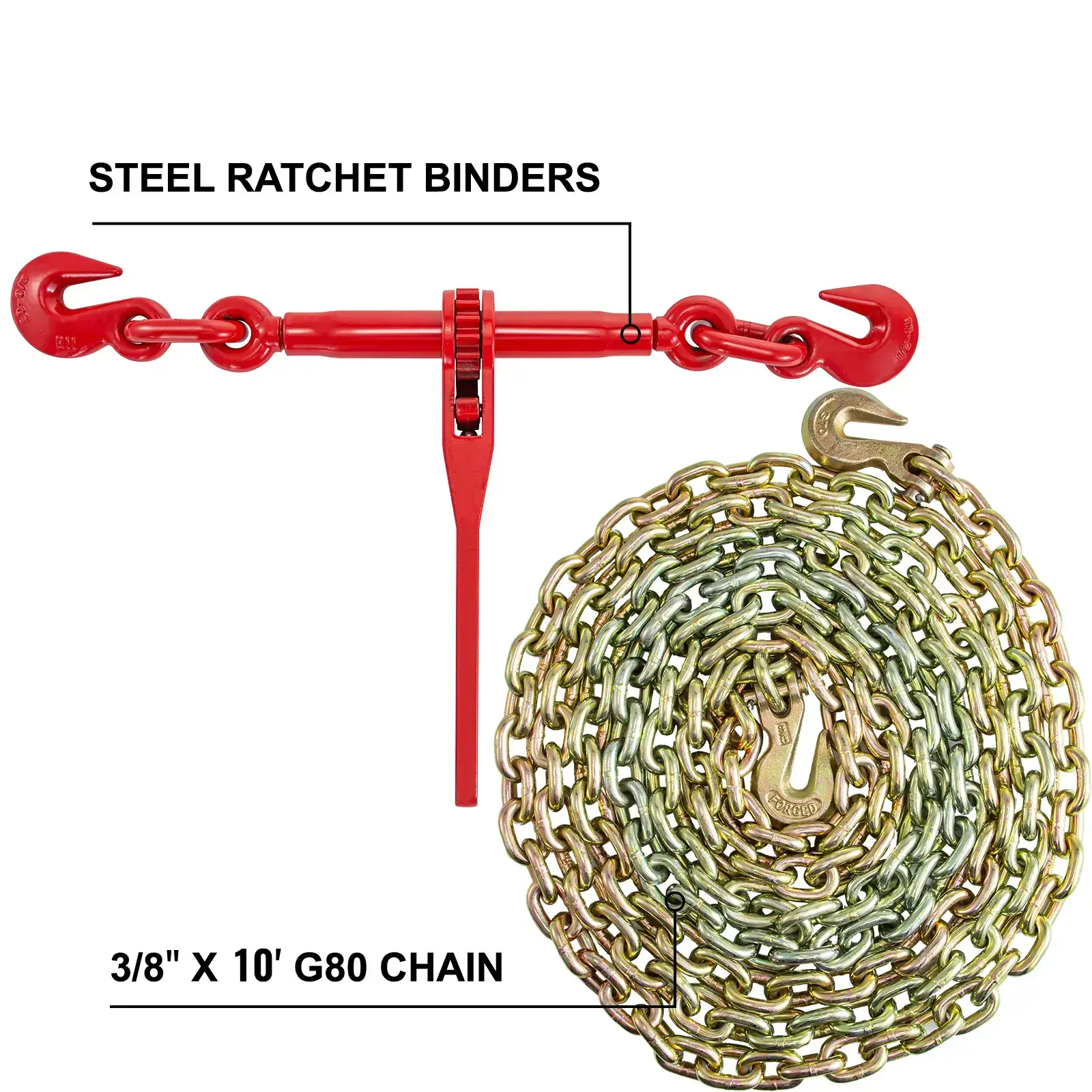 Chain and Binder Kit 3/8in-1/2in, Ratchet Load Binders 9215lbs Working Strength, Ratchet Binders and Chains, 3/8in x 10ft Chains with G70 Hooks, for Truck, Tie Down, Hauling, Towing
