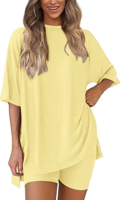 🔥Women's Two Piece Lounge Set 2025 Summer Casual Oversized Shirts Biker Shorts Matching Airport Travel Outfit