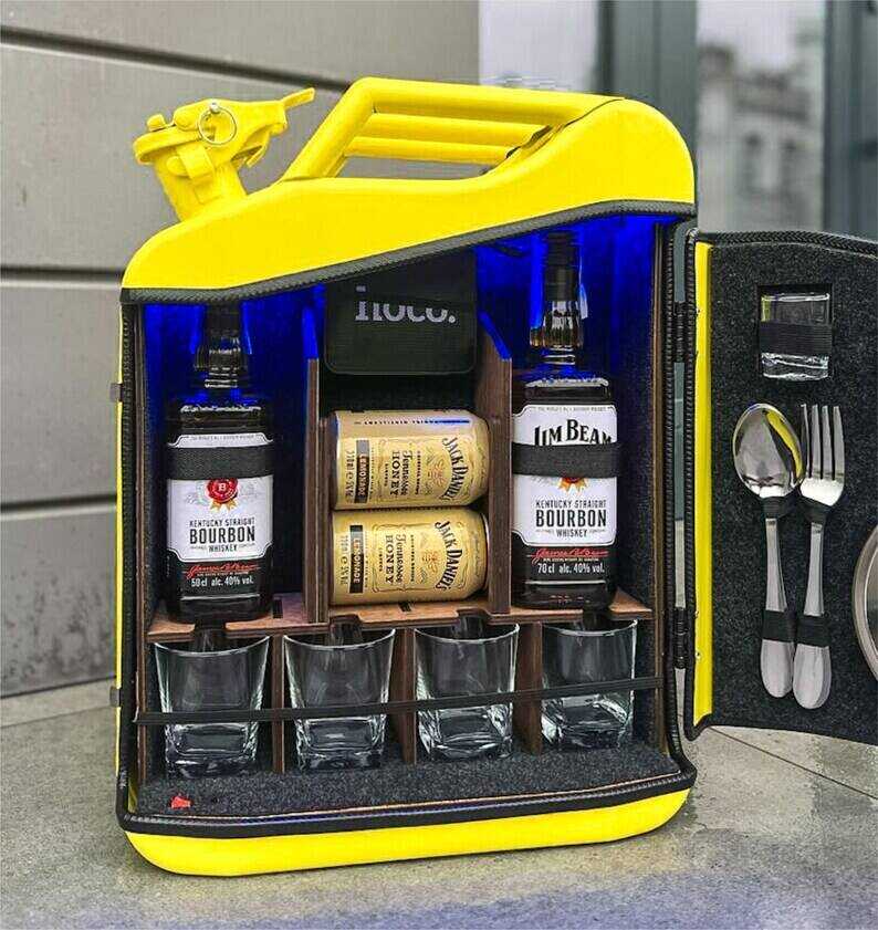 20 L Yellow Jerry Can Mini Bar, Metal Mini Bar With Wood Inside With Picnic Set, Custom Fuel Bar, Canister Bar Jerry Can, Gift For Him
