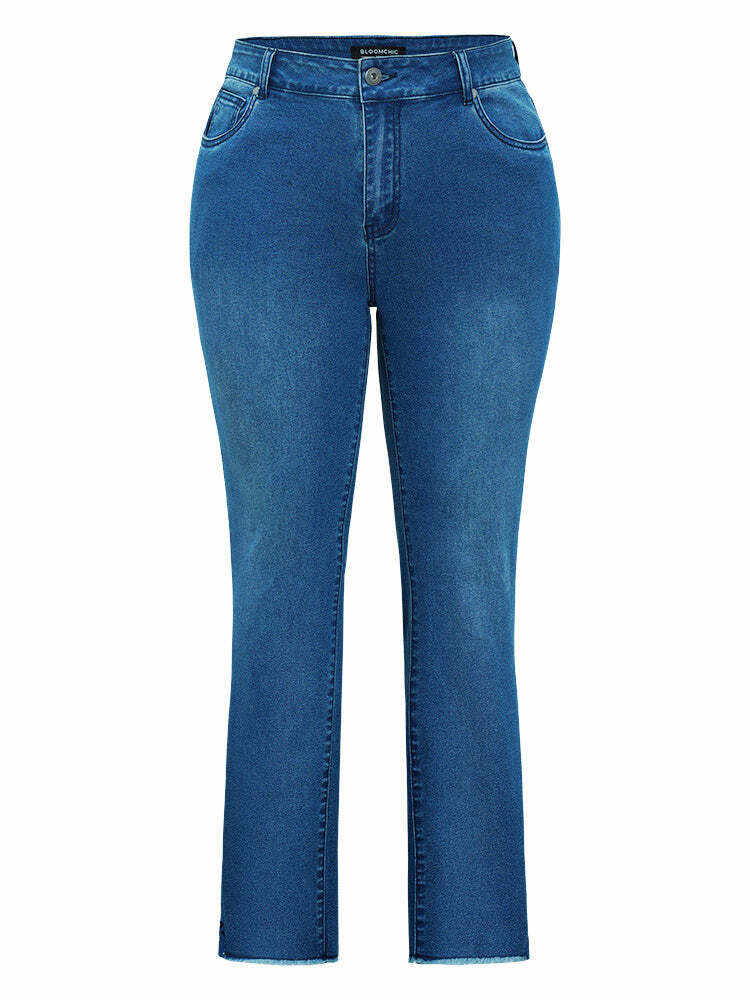 Very Stretchy High Rise Medium Wash Lace Insert Raw Hem Jeans