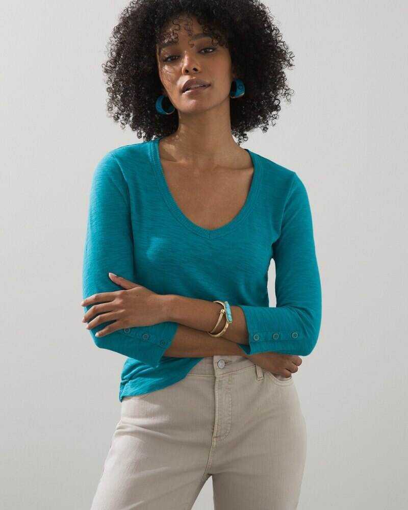 3/4 Sleeve Rib Detail Slub Tee Pagoda Blue