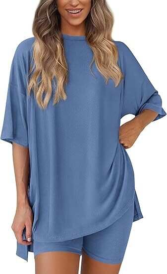 🔥Women's Two Piece Lounge Set 2025 Summer Casual Oversized Shirts Biker Shorts Matching Airport Travel Outfit