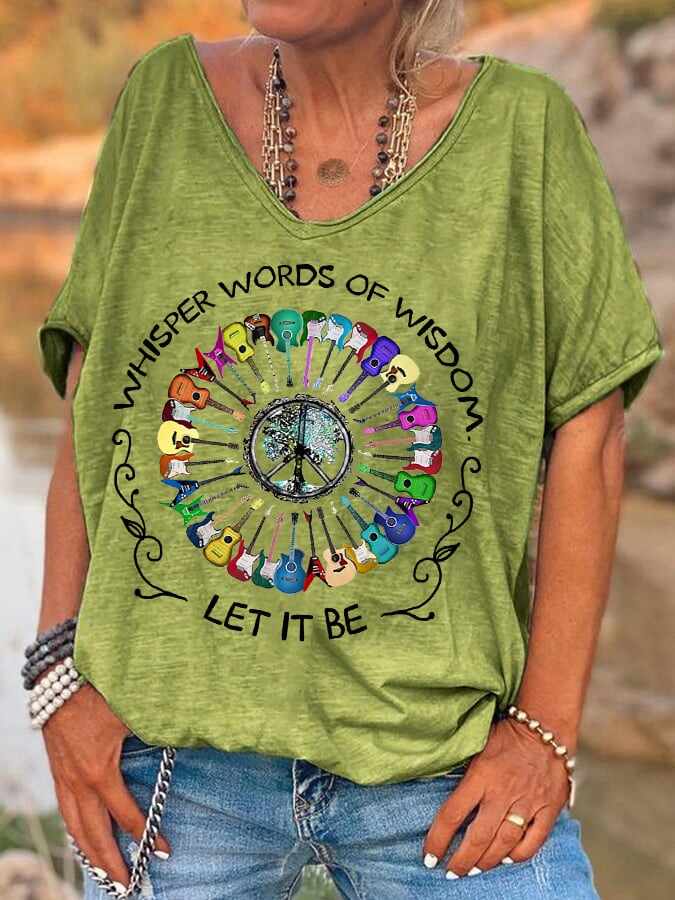 Women's Hippie Whisper Words Of Wisdom Let It Be Guitar Peace Casual V-Neck Tee
