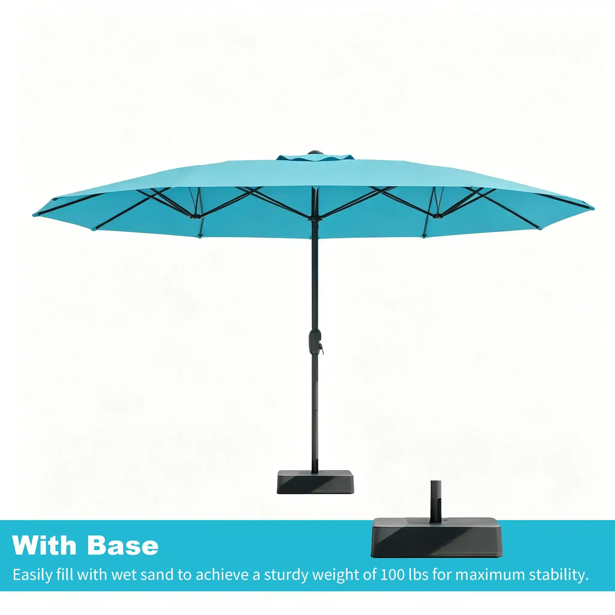 15ft Large Outdoor Patio Umbrella with Base – LED Light Option, Double-Sided, Crank Handle, Waterproof, Comes with Weighted Base and Sandbag, Accommodates 10 People