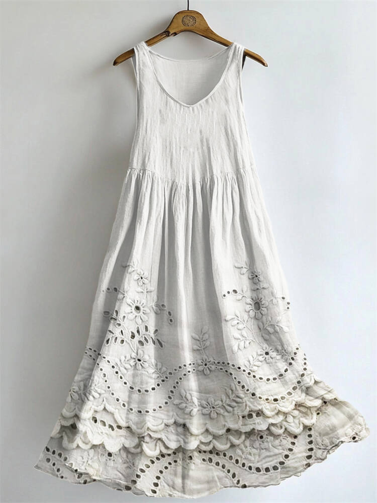 Cottage Floral Lace Embroidered Flowy Linen Tank Dress